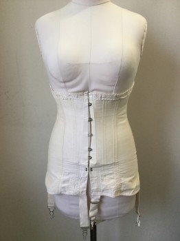 Womens, Corset 1890s-1910s, HARNERS, Peach Orange, Off White, Solid, H 38+, W 28+, Light Peach-orange with Trim Lace Top, Off White Lacing Front with Water Stains, Self Hooking Center Front Busk, Garter Belts,