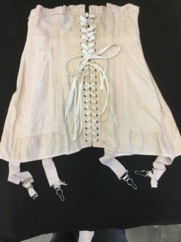 Womens, Corset 1890s-1910s, HARNERS, Peach Orange, Off White, Solid, H 38+, W 28+, Light Peach-orange with Trim Lace Top, Off White Lacing Front with Water Stains, Self Hooking Center Front Busk, Garter Belts,