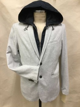 ZARA MAN, Lt Gray, Navy Blue, Polyester, Heathered, Solid, Nylon Faux Hoodie Insert, 2 Buttons,  Notched Lapel, Single Breasted, 3 Pockets, Blazer