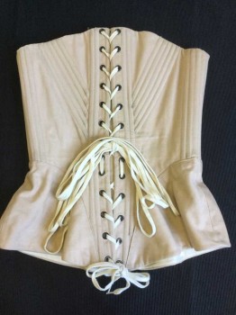 Womens, Corset 1890s-1910s, N/L, Khaki Brown, Cream, Cotton, Solid, Herringbone, W 24 , Khaki W/cream Trim and Lacing Back, Hook Front , See Photo Attached,