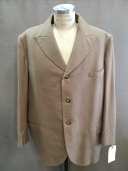 Mens, Suit, Jacket, 1890s-1910s, MTO, Lt Brown, Wool, Solid, 52R, Single Breasted, 3 Buttons, Peaked Lapel, 3 Pockets, Made To Order