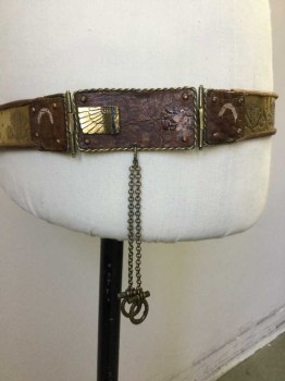 Unisex, Historical Fiction Belt, N/L, Brown, Brass Metallic, Leather, Metallic/Metal, Novelty Pattern, Brown Reptile Belt with Brass Stamped Prints, Brass Insect Attached, Brass Hooks & Brown Cords Closures, (broken/missing Insect Piece on Left Side)  See Photo Attached,