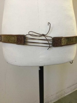 Unisex, Historical Fiction Belt, N/L, Brown, Brass Metallic, Leather, Metallic/Metal, Novelty Pattern, Brown Reptile Belt with Brass Stamped Prints, Brass Insect Attached, Brass Hooks & Brown Cords Closures, (broken/missing Insect Piece on Left Side)  See Photo Attached,