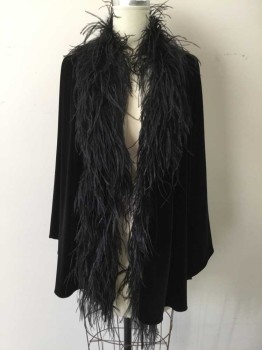 Womens, Poncho, N/L, Black, Polyester, Spandex, Solid, O/S, Stretch Velvet, Open Front, Black Feather Collar