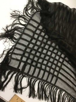 Black, Silk, Solid, Stripes, Sheer Silk with Stripes That Cross at the Corners, Silk Fringe, Barcode Located at a Corner,