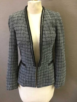 NO LABEL, Black, White, Gray, Polyester, Acrylic, Tweed, Open Front, 1 Hook & Eye, Blk Metal Chain Over Black Strip Lapel And Waist, Peplum