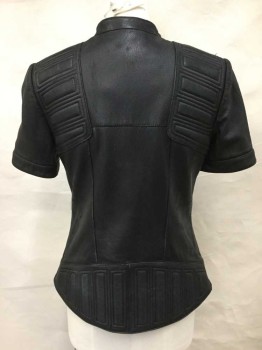 BCBG, Black, Leather, Contemporary, Short Sleeve,  Zip Front, Double Zipper Detailing, Geometrical Padded Quilting, Zipper Pockets