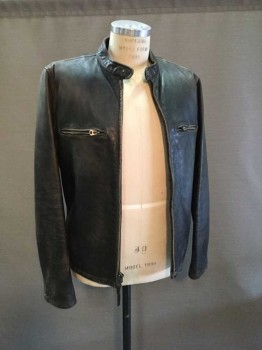 STOCKTON RACER, Dk Brown, Leather, Biker Style, Zip Front with Collar Band