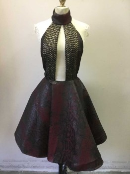 Womens, Sci-Fi/Fantasy Dress, Mto, Wine Red, Black, Pewter Gray, Polyester, Nylon, Animal Print, W28, Halter Dress with Matching Belt. Black & Wine Reptile Brocade Skirt with  Foam Padded Underskirt. Halter Made of Reptile Brocade Fabric with Black Painted Gold Bead Trim at Plunge Center Front, and on Matching Belt. Zip Center Back. Circular Skirt