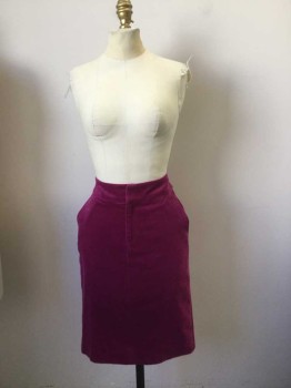 EDWARD AN, Fuchsia Pink, Cotton, Nylon, Solid, Pencil Skirt. Zip Fly Front. 2 Pockets, Slit Center Back. Lining White with Brown Logo Print. Ribbon Strip at Side Seams.