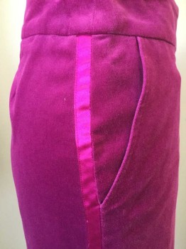 EDWARD AN, Fuchsia Pink, Cotton, Nylon, Solid, Pencil Skirt. Zip Fly Front. 2 Pockets, Slit Center Back. Lining White with Brown Logo Print. Ribbon Strip at Side Seams.