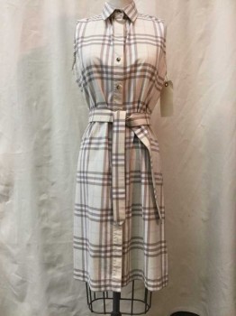 BURBERRY, Beige, Brown, White, Lt Pink, Cotton, Synthetic, Plaid, Beige/ Brown/ White/ Lt Pink Plaid, Button Front, Collar Attached, Sleeveless, Belt