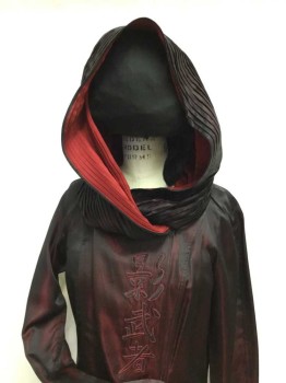Womens, Sci-Fi/Fantasy Coat/Robe, MTO, Dk Red, Black, Synthetic, Solid, 8/10, Full Length, Raglan Long Sleeves, Front Side Closure with Hook & Eyes, Draped Full Pleated Hood, Shot Polyester, Ambiguous Asian Writing Down Front Panel, Multiples,