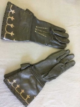 Mens, Leather Gloves, SSG, Black, Leather, Solid, 9, Black Leather, Arm Length W/silver Diamond Ribbon Trim and Silver Painted Detail