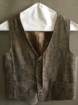 COODE BEAR, Brown, Cream, Wool, Polyester, Tweed, Boys Tweed Tattersall Vest, 4 Buttons Center Front, , 2 Welt Pockets, Tabs at Back of Vest, Lining Print of Map of the World
