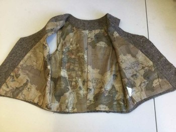 Childrens, Vest, COODE BEAR, Brown, Cream, Wool, Polyester, Tweed, 10T, Boys Tweed Tattersall Vest, 4 Buttons Center Front, , 2 Welt Pockets, Tabs at Back of Vest, Lining Print of Map of the World
