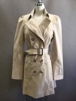 Womens, Coat, Trenchcoat, ZARA WOMAN, Tan Brown, Cotton, Spandex, Solid, S, Double Breasted, C.A., L/S, Extended Cuff, 2 Flap Pockets, Self Belt