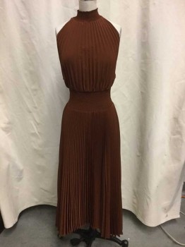 ALC, Brown, Polyester, Solid, Brown, Accordion Pleated, Elastic Mock Neck, Elastic Waist, Sleeveless