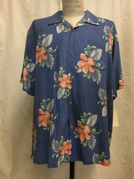 TOMMY BAHAMA , Dk Blue, Orange, Gray, Green, Silk, Tropical , Dk Blue with Orange/ Gray/ Green/ Tropical Floral Print, Button Front, Open Collar Attached, 1 Pocket, Short Sleeves,