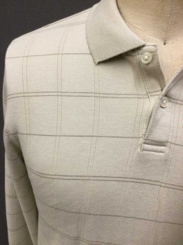 VAN HEUSEN, Ecru, Brown, Cotton, Polyester, Plaid-  Windowpane, Long Sleeves, Ribbed Knit Collar Attached/Cuff, 2 Buttons