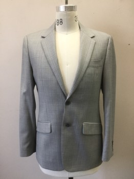 MOODS OF NORWAY, Lt Gray, Navy Blue, White, Wool, Polyester, Plaid, Single Breasted, Collar Attached, Notched Lapel, 3 Pockets, 2 Buttons