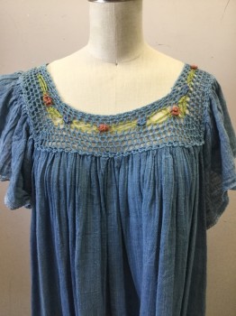 WHEEL, Slate Blue, Green, Terracotta Brown, Cotton, Solid, Floral, Round Neck with Crochet Fishermans Netting Bodice with Green and Flower Buds, Butterfly Sleeves, Muslin with Light Blue Lace Insets, Ruffled Bottom