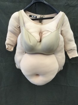 Unisex, Fat Padding, N/L MTO, Tan Brown, Synthetic, Solid, C:32, Female Form Half Body Fat Suit, Tan Spandex, Styrofoam Beads/Poly Fill As Filling, Back Zipper (Broken), Bra Attached with Hook & Eyes Back Closure, Short Sleeves, Armhole Vents, Hook & Eye Crotch Strap, Made To Order