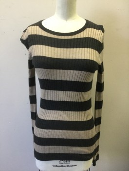VINCE, Taupe, Faded Black, Rayon, Nylon, Stripes - Horizontal , Rib Knit, Long Sleeves, Scoop Neck, Fitted