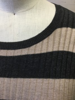 VINCE, Taupe, Faded Black, Rayon, Nylon, Stripes - Horizontal , Rib Knit, Long Sleeves, Scoop Neck, Fitted