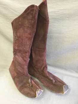 Mens, Historical Fiction Boots , N/L, Red Burgundy, Suede, Solid, 12/13, Knee High Burgundy Suede, Curled Up Pointed Toe, Flat/No Heel, Side Zip, Brown Leather Stitching/Embroidery, Middle Eastern Historical