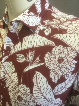 TOPMAN, Dk Red, White, Black, Viscose, Hawaiian Print, Floral, Short Sleeve Button Front, Collar Attached, Lightweight/Sheer Material