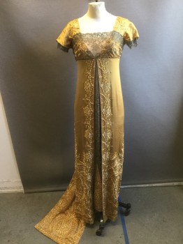 Womens, Evening Dress 1890s-1910s, MTO, Gold, Teal Blue, Silk, Solid, Floral, W: 26, B:30, Beautiful Evening Gown, Gold Silk with Delicate Teal Lace Appliqués, Gold and Lt Gold Floral Embroidery with Clear Sequins, Empire Waist with Faux Long Jacket with Open V All the Way Down, Lt Pink Pearl Trim, Back Has a Long Train Panel,