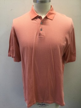 GARY PLAYER, Peach Orange, Powder Blue, White, Gray, Cotton, Dots, Stripes - Horizontal , Peach with Powder Blue/White/Gray Dashes in Horizontal Lines, Jersey, Solid Peach Collar Attached, Short Sleeves, 3 Button Front