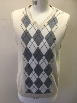 TOMMY HILFIGER, Cream, Gray, Navy Blue, Cotton, Argyle, Cream with Gray and Navy Argyle Pattern, Knit, Pullover V-neck, Ribbed Neck/Sleeves/Waistband
