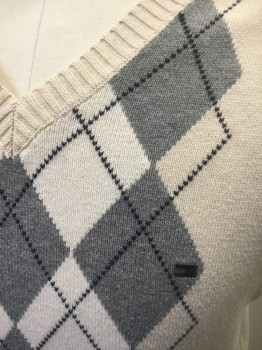 TOMMY HILFIGER, Cream, Gray, Navy Blue, Cotton, Argyle, Cream with Gray and Navy Argyle Pattern, Knit, Pullover V-neck, Ribbed Neck/Sleeves/Waistband