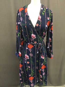 TED BAKER, Navy Blue, Raspberry Pink, Lavender Purple, Red, Pink, Silk, Floral, Stripes, Cross Over Wrap Dress, 3/4 Sleeves, Red and White Stripe with Floral Print, Chiffon, Navy Silk Lining