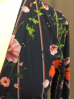 TED BAKER, Navy Blue, Raspberry Pink, Lavender Purple, Red, Pink, Silk, Floral, Stripes, Cross Over Wrap Dress, 3/4 Sleeves, Red and White Stripe with Floral Print, Chiffon, Navy Silk Lining