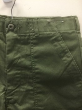 N/L, Olive Green, Poly/Cotton, Solid, Twill, Zip Fly, 4 Pockets, Belt Loops, 5.5" Inseam, Military Surplus