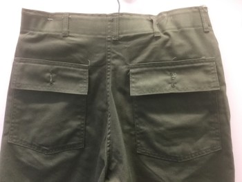 N/L, Olive Green, Poly/Cotton, Solid, Twill, Zip Fly, 4 Pockets, Belt Loops, 5.5" Inseam, Military Surplus