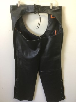 Mens, Chaps, CUSTOM BILT, Black, Leather, Solid, XL, Pebbled Leather, Slit Pockets, Pewter Buckle and Strap, Back Waist Lace Up, Zip/ Snap Legs