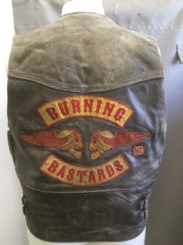 UNIK, Brown, Leather, Solid, Slightly Worn Crushed Leather, V-neck with Braided Piping, Zip Front, Pocket Flaps, Zip Pockets, Red and Yellow  'burning Bastards"patch with Skulls on Back