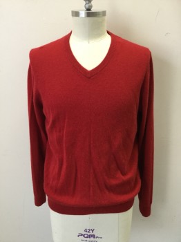 NORDSTROM, Red, Cashmere, Solid, Ribbed Knit V-neck, Ribbed Knit Waistband/Cuff, Double
