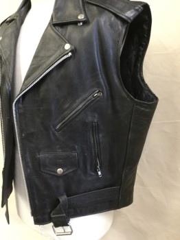 XELEMENT , Black, Leather, Polyester, Solid, (4 of Them:  44, 46, 48-50, 52) (aged/distressed) Black Leather, Black Quilt Lining, Motorcycle Style, Collar Attached with Silver Snap, Epaulettes, Off Side Zip Front, 4 Pockets, Belt Front Bottom with Metal Buckle, Orange/yellow/green Dog Face Design with " the VICIOUS CYCLES, NEW YORK" in the Back