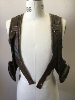 Unisex, Sci-Fi/Fantasy Harness, MTO, Brown, Lt Brown, Silver, Black, Leather, Solid, Brown Leather Shoulder Harness with Lt Brown Tapestry Edges, Gray Panels Back and Front, Black/Silver Pebbled Rubber Back Panel, Brown Leather Weapon Harness Woven Through Metal Hardware on Shoulders, 4 Holsters Front and One Large Holster Center Back