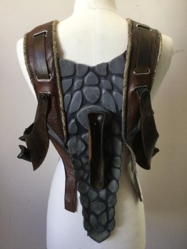 Unisex, Sci-Fi/Fantasy Harness, MTO, Brown, Lt Brown, Silver, Black, Leather, Solid, Brown Leather Shoulder Harness with Lt Brown Tapestry Edges, Gray Panels Back and Front, Black/Silver Pebbled Rubber Back Panel, Brown Leather Weapon Harness Woven Through Metal Hardware on Shoulders, 4 Holsters Front and One Large Holster Center Back