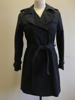 HOBBS, Black, Cotton, Elastane, Solid, Double Breasted, Collar Attached, Welt Pocket, Epaulets, Belted Cuffs, Cape Flap Back and Front