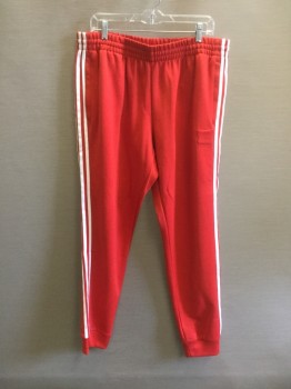 Mens, Sweatsuit Pants, ADIDAS, Red, Poly/Cotton, Solid, Stripes, XL, with White Side Stripes, Elastic Interior Drawstring Waistband, 2 Pockets, Ribbed Knit Cuff