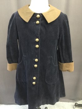 Childrens, Coat 1890s-1910s, MTO, Navy Blue, Brown, Cotton, Solid, 5, Wide Wale Corduroy,brown Canvas Peter Pan Collar/cuffs, Large Brass Button Front, Brown Canvas Back Strap with Buttons