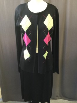 MISOOK, Black, Sage Green, Pink, Acrylic, Solid, Argyle, Knit, Open Front W/hook and Eye Top Closure, Crew Neck, Argyle Print on Front