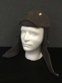 Unisex, Sci-Fi/Fantasy Headpiece, MTO, Dk Gray, Cotton, Solid, O/S, Beanie Cap, Soft Brim, Large Ear flaps, Silver Button & Loops to Hold Ear flaps Back, Aged, Flight Helmet Style